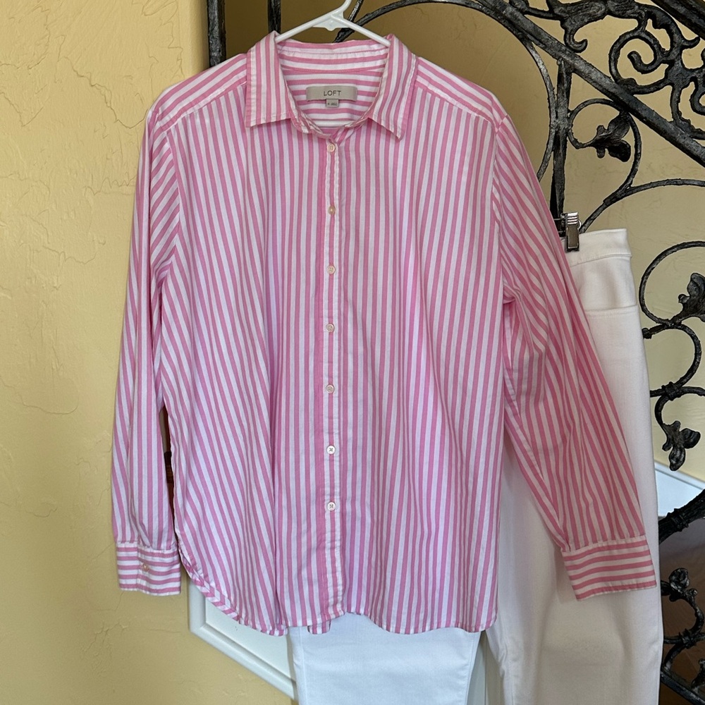 LOFT Pink and White Stripe Everyday Shirt